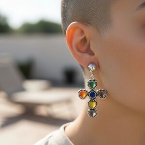 CODEENA MULTI COLOR HEART CROSS EARRINGS